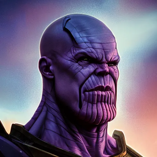 Image similar to closeup portrait of Thanos standing on a tank in a post apocalyptic battlefield at sunrise, action pose, dramatic lighting, high contrast, cosmic horror, abstract, masterpiece, trending on ArtStation, by Moebius, blizzard concept artists, Greg Rutkovski and by Craig Mullins and by Ismail Inceoglu, front lighting, rim lighting, god rays, lens flare, james cameron, cinematic, film still-H 704