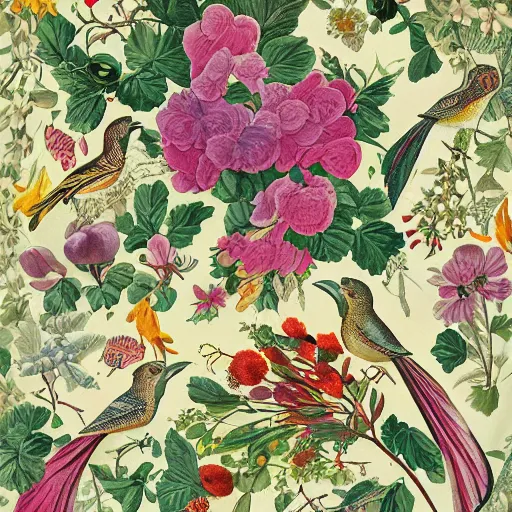 Image similar to vintage illustration pattern, bizarre compositions, blend of flowers, fruits, birds by beto val, john james audubon, exquisite detail