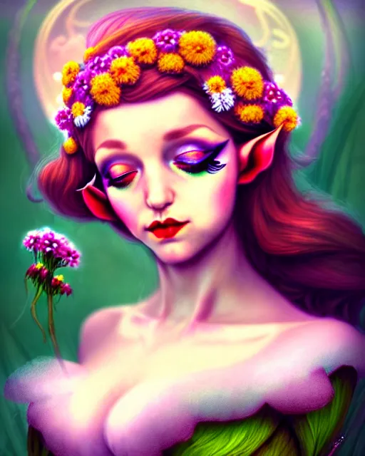 Image similar to burlesque elf, flowers in hair, fantasy character portrait, soft clouds, floral sunset, ultra realistic, concept art, intricate details, art nouveau, cinematic, highly detailed