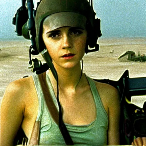 Image similar to film still, bell huey helicopter extreme far view, emma watson vietnam door gunner, film still from apocalypse now ( 1 9 7 9 ), 2 6 mm, kodak ektachrome, blue tint expired film,