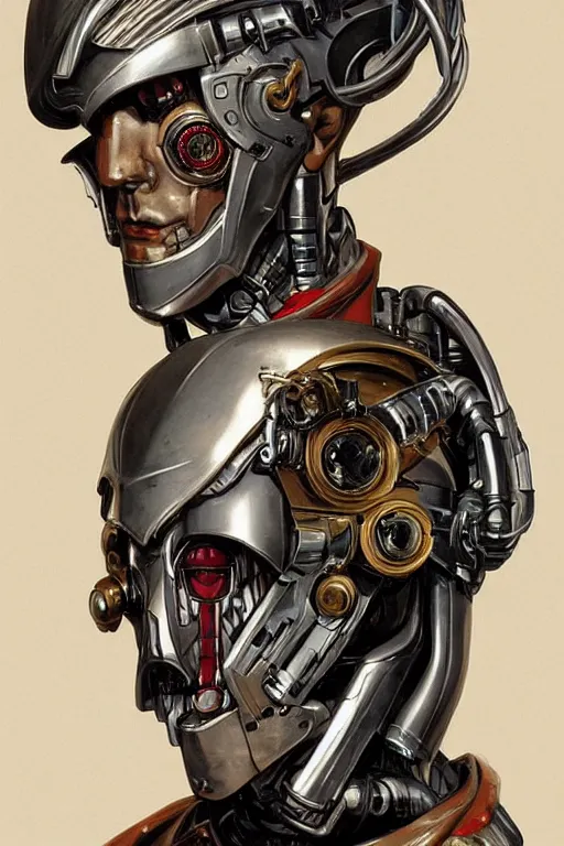 Prompt: futurist half human half robot soldier, art by leyendecker, head and shoulders portrait, blood, cyberpunk, cybernetic implants, warrior face paint, flower ornament in the background, very intricate, award winning, extreme details