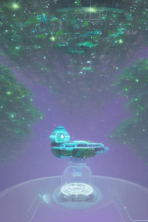 Prompt: multi level botanical garden spaceship floating in space, calm, tranquil, faded effect, detailed, vaporwave colors, render by substance designer