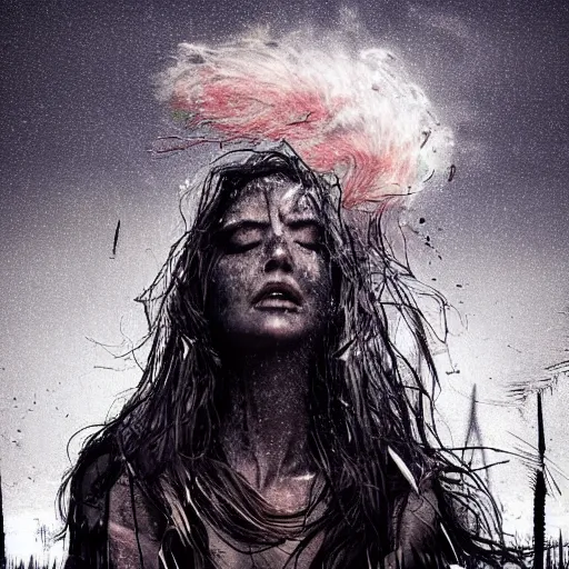 Image similar to The digital art depicts a woman standing in a field of ashes, her dress billowing in the wind. Her hair is wild and her eyes are closed, and she seems to be in a trance-like state. The digital art is dark and atmospheric, and the ashes in the field seem to be almost alive, swirling around. cyberpunk by Klaus Wittmann apocalyptic