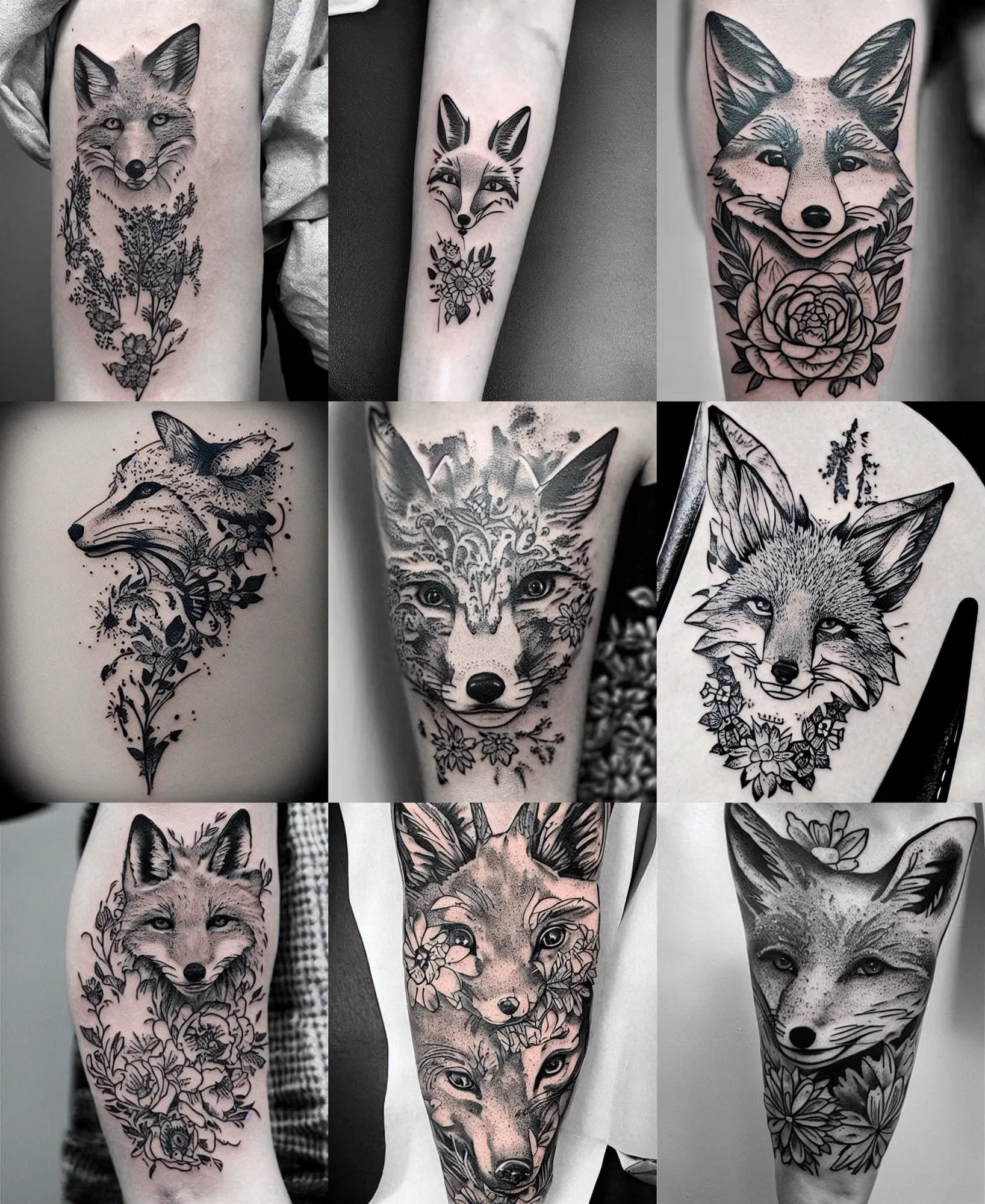 Prompt: amazing detailed tattoo stencil of a floral realistic fox