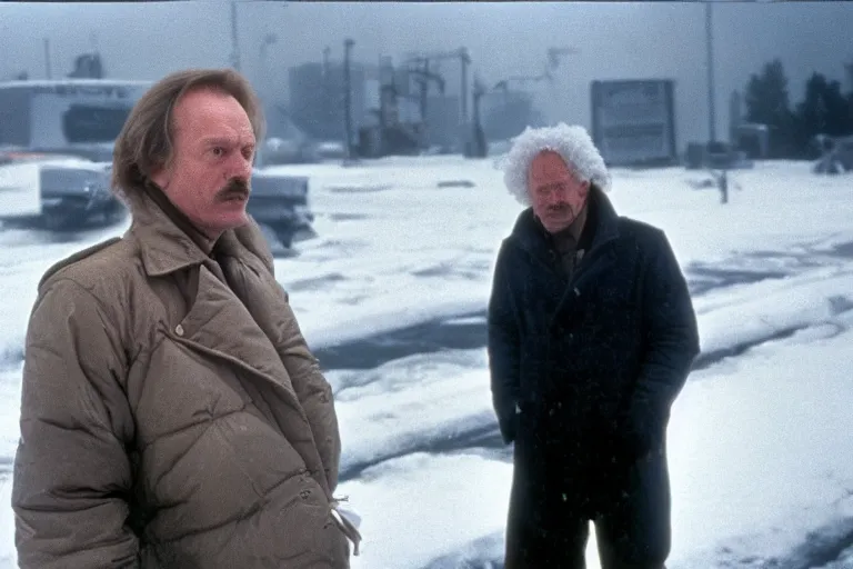 Image similar to Donald Tusk in a still from the movie The Thing (1982) directed by John Carpenter, cold outdoors