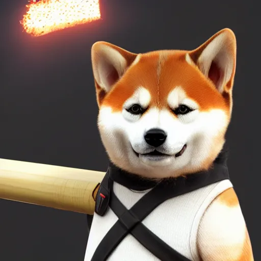 Image similar to shiba inu holding a baseball bat on his hand, police outfit, cinematic lightning, 4 k, ultra detailed, trending on artstation, anime, masterpiece, digital art.