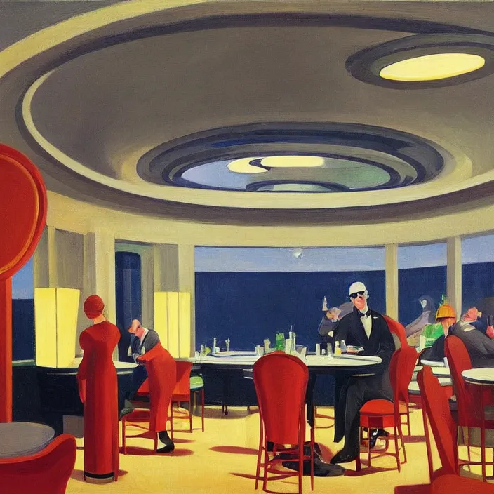 Prompt: people with spherical mirror heads, at art deco restaurant, open ceiling, highly detailed, painted by Edward Hopper, painted by James Gilleard