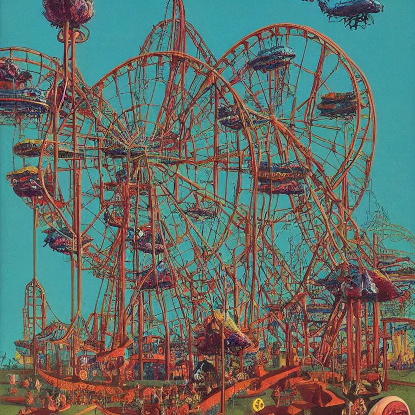 Image similar to an amusement park with rollercoasters, rides, a ferris wheel, and attractions, by richard corben, zdzisław beksinski. goosebumps cover art. pulp horror art.