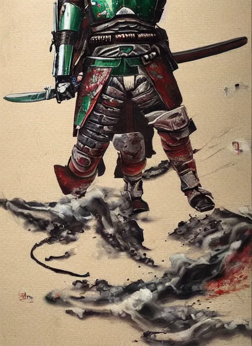 Image similar to a japanese samurai but it's boba fett, very detailed oil painting, dark and realistic, japanese art art