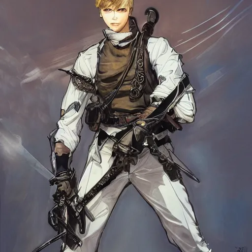 Image similar to portrait of a white young hero holding his sword in front of his face by yoji shinkawa, high quality, extra details, realism, ornate, colored, golden chain, blood, white skin, short hair, brown eyes, vivid, sunlight, dynamic, american man, freedom, white american soldier, painting