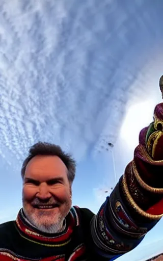 Image similar to Norm MacDonald wearing Mongolian armor, high angle, iPhone selfie