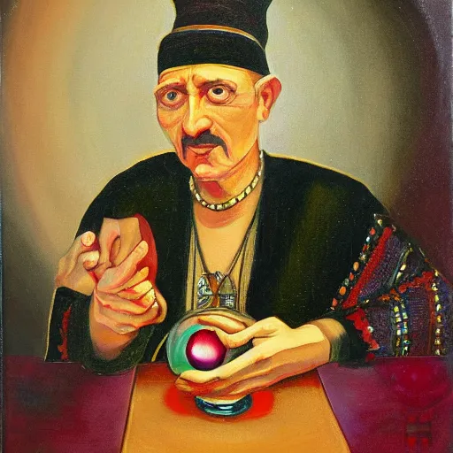 Prompt: painting by remus grecu, of fortune teller with crystal ball, and wealthy customer