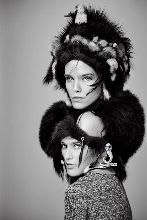 Image similar to a woman in a buffalo headdress wearing fur, cosplay, photoshoot, studio lighting, photograph by Bruce Weber