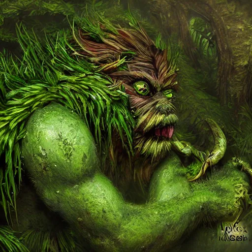 Prompt: A fierce plant monster, highly detailed, digital art, sharp focus, trending on art station, leaves, moss, ferns, ape