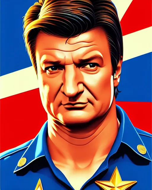 Image similar to nathan fillion in the style of cuban communist propaganda poster art in the year 1 9 8 7 ultra realistic, concept art, intricate details, highly detailed, photorealistic, octane render, 8 k, unreal engine. art by artgerm and magali villeneuve