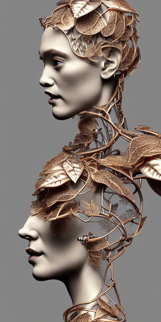 Image similar to complex 3d render ultra detailed of one single beautiful porcelain profile woman face, mechanical cyborg, 150 mm, accent lighting, beautiful studio soft light, rim light, silver gold red details, luxurious, magnolia big filigran ultra detailed leaves and stems, roots, Alexander Mcqueen haute couture, fine foliage lace, mesh wire, filigran intricate details, hyperrealistic, mandelbrot fractal, anatomical, silver metal armor, facial muscles, cable wires, microchip, elegant, white background, beautiful white teeth, beautiful lips, octane render, H.R. Giger style, 8k