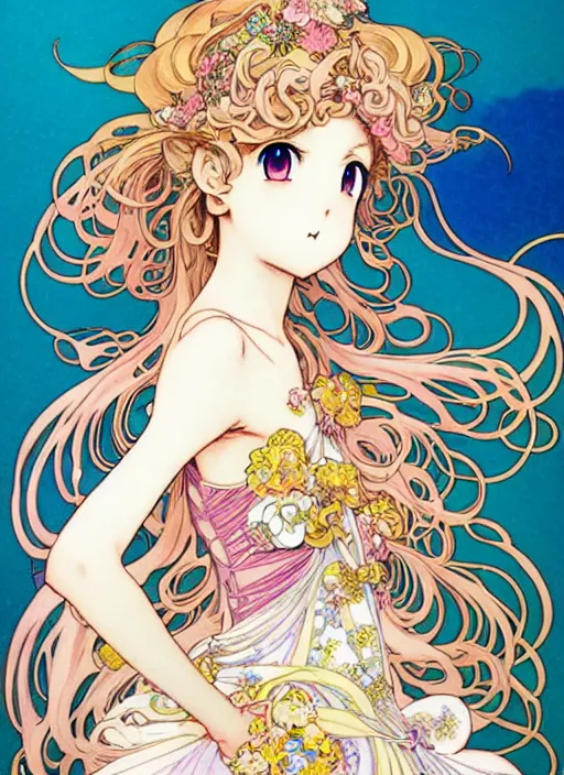 Image similar to exquisite imaginative manga poster of a fairy princess, long wavy hair, rococo ruffles dress, shimmering, by shigenori soejima, minaba hideo, katsuhiro otomo, alphonse mucha, jump comics, illustration, artstation, pixiv, dark fantastic, highly detailed, 8 k, fluorescent, fluorescent, maximalist