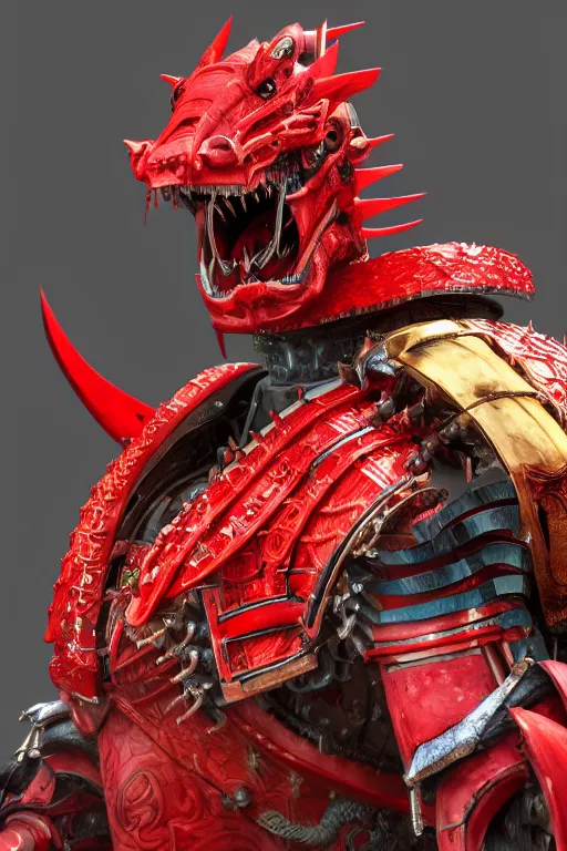 Prompt: high detail portrait of a mechanical dragon samurai in red japanese armor, full body, Concept Art, octane render, 8k, artstation