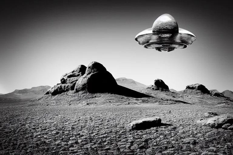 Image similar to distant alien spaceship in the style of ansel adams, black and white, old, master photography by ansel adams