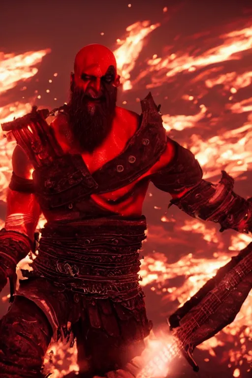 Prompt: red left eye stripe, armored screaming kratos rocking out on a flaming stratocaster guitar, cinematic render, god of war 2 0 1 8, playstation studios official media, lightning, flames, clear, coherent