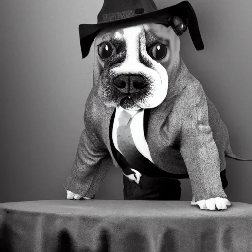 Image similar to a monster dog in a suit, nightmare, black and white