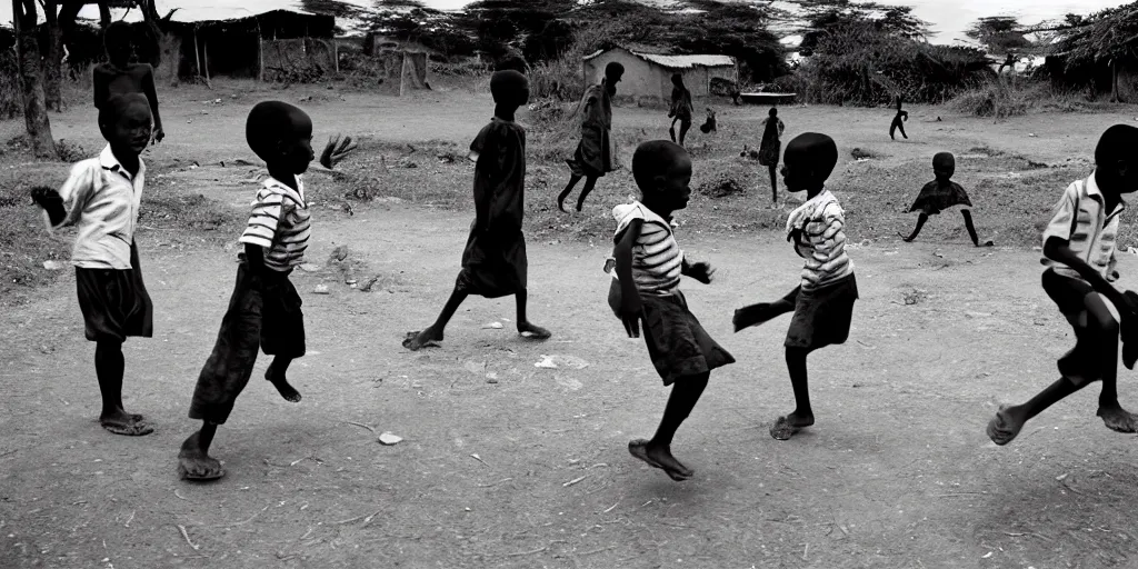 Image similar to kenyan village, black kids playing football, film photography, exposed b & w photography, christopher morris photography, bruce davidson photography, peter marlow photography