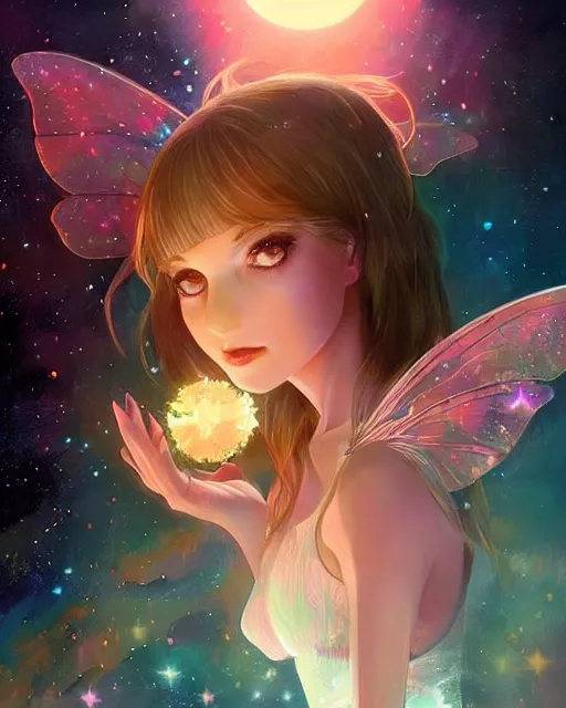 Image similar to a detailed digital art of an attractive!!!! girl with psychedelic! fairy wings sitting under the night sky and holding!! a crystal!! containing all of reality and galaxies, by greg rutkowski artgerm ilya kuvshinov. anime! dramatic lighting, cinematic angle, heavy contrast