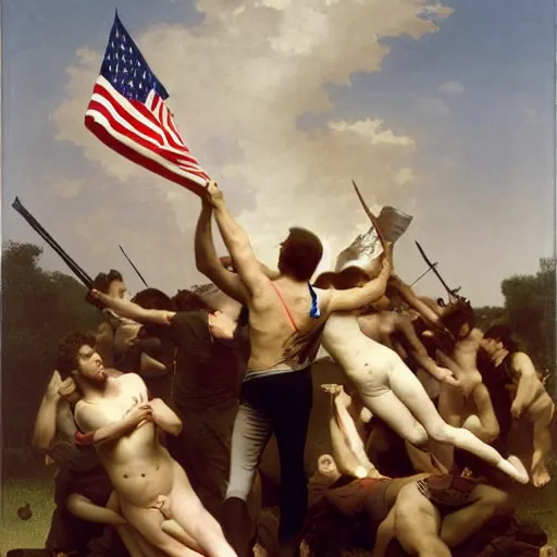 Prompt: Donald trump holding a large usa flag standing on the bodies of his slain enemies by William Adolphe Bouguereau