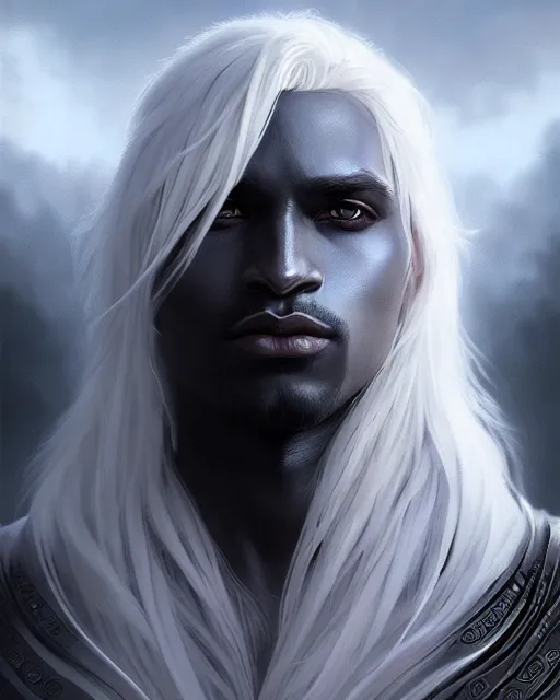 Image similar to portrait, beautiful male drow, long wavy white hair, super detailed, light black armor with silver accenting, silver wreath with sapphires, cape, 8 k, filmic, octane render, sunlight, clouds, artstation, greg rutkowski, rossdraws, william bouguereau, sharp focus
