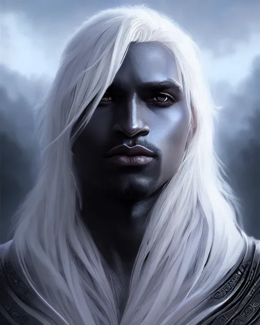 Prompt: portrait, beautiful male drow, long wavy white hair, super detailed, light black armor with silver accenting, silver wreath with sapphires, cape, 8 k, filmic, octane render, sunlight, clouds, artstation, greg rutkowski, rossdraws, william bouguereau, sharp focus