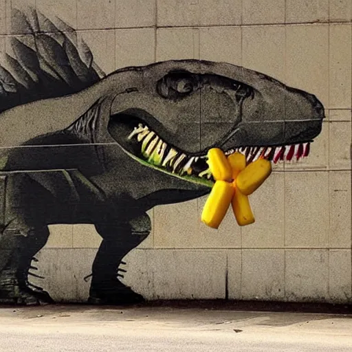 Prompt: a lonely t - rex eating a banana by bansky