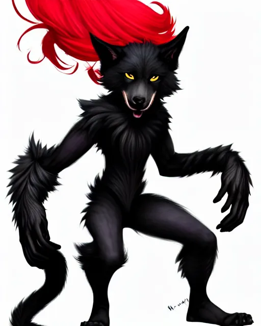 Image similar to character concept art of a black anthropomorphic furry male wolf with red hair | | cute - fine - face, pretty face, key visual, realistic shaded perfect face, fine details by stanley artgerm lau, wlop, rossdraws, james jean, andrei riabovitchev, marc simonetti, and sakimichan, trending on artstation