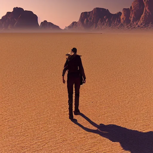 Image similar to a person walking into the desert in morning, artstation, cgsociety