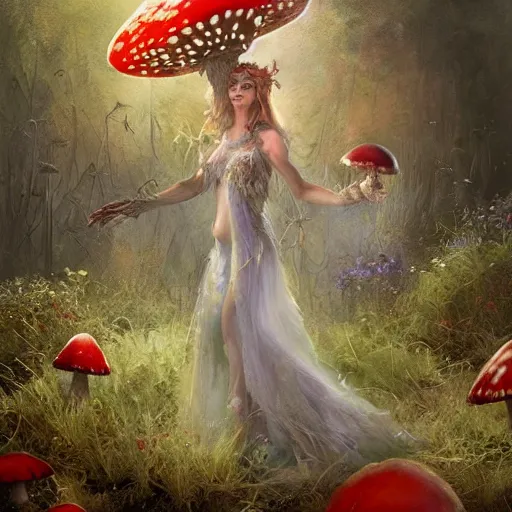 Image similar to a very cute faerie queen in a amanatia muscaria mushroom field, epic fantasy style art by Craig Mullins, fantasy epic digital art, epic fantasy card game art by Greg Rutkowski