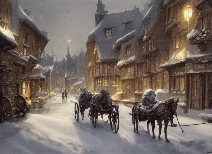 Prompt: a night scene of a snowy town with a horse drawn carriage, a detailed matte painting by anton pieck, deviantart contest winner, fantasy art, concept art, official art, matte drawing