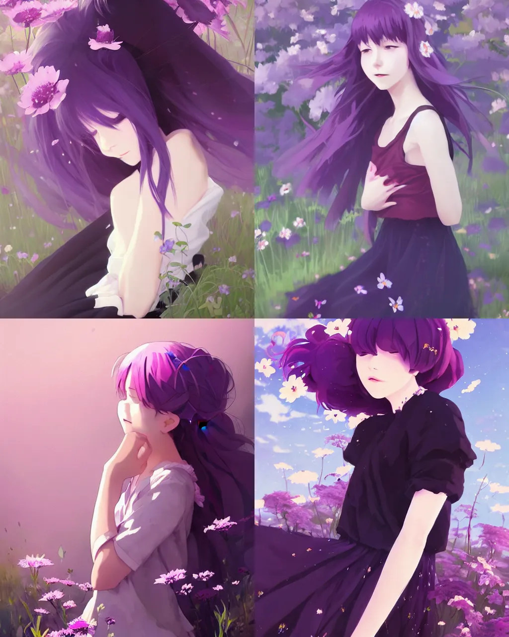 Prompt: girl with purple hair and black skirt, there are many flowers around, a beautiful half - length photo, illustration,, top lighting, perfect shadow, soft painting, art by hidari and makoto shinkai and wenjun lin