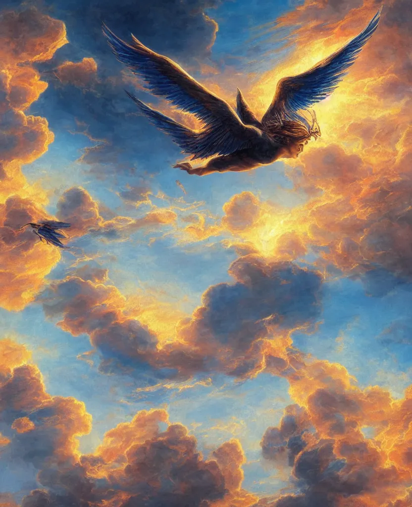 Prompt: icarus falling from the sky, golden big wing falling appart, dramatic, sunset clouds, tormented blue sea, extremely detailed, sharpness, rococo art style, soft colors, 8 k