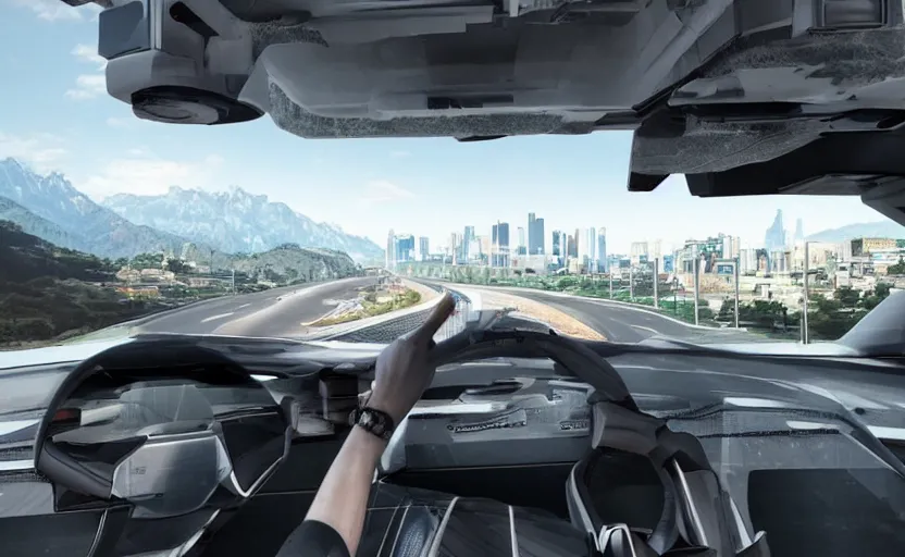 Prompt: futuristic car driving on elevated highway above a valley made of chrome tiles