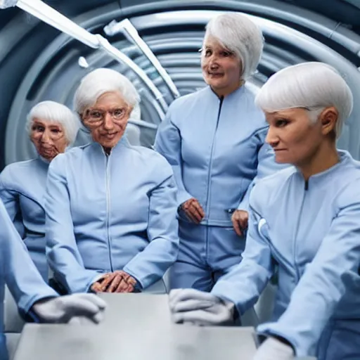 Prompt: troop of 9 0 year old women with white bob hairdos, tight light blue neopren pilot suits, futuristic cloning facility, sci - fi, highly detailed, cinematic