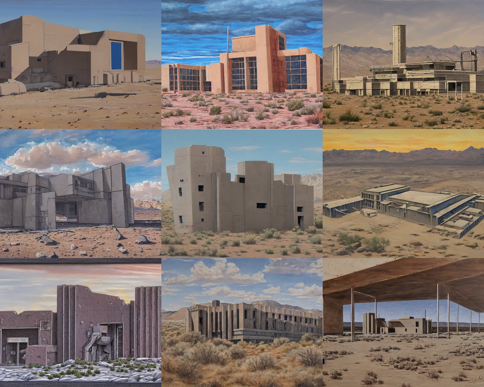 Prompt: a highly detailed painting by jerold harbour of a mysterious government science lab in the middle of the great basin desert. it was built to research super powers and has sat abandoned since the mid - 1 9 7 0 s. brutalist architecture.