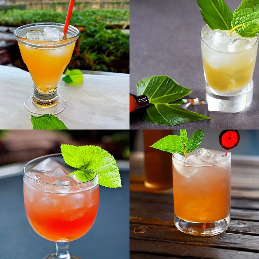 Prompt: Caribbean, outside, table, cocktail in an engraved glass, with a straw, glass with rum, cola and a peppermit leaf on the rim