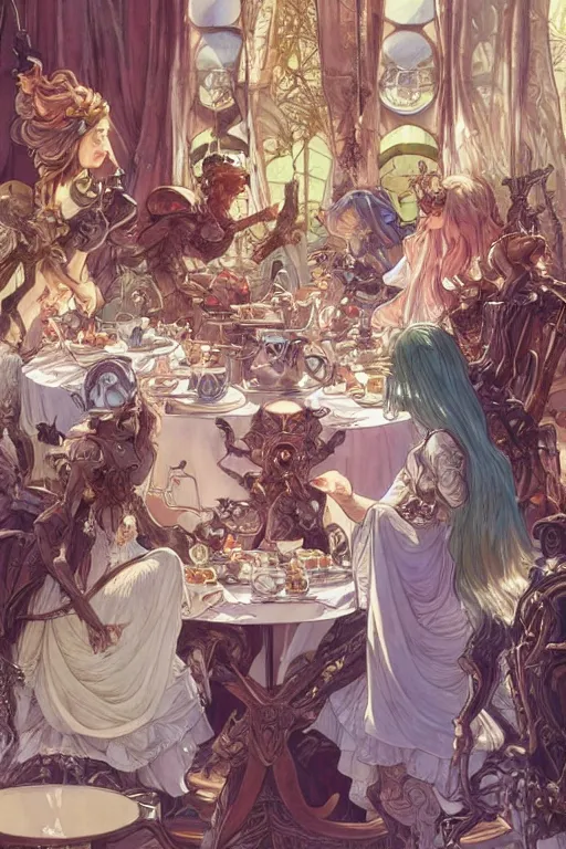 Prompt: Mechas having a tea party, cute, fantasy, intricate, elegant, highly detailed, digital painting, 4k, HDR, concept art, smooth, sharp focus, illustration, art by artgerm and H R Giger and alphonse mucha