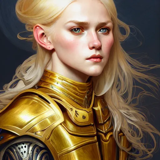 Image similar to Portrait of a girl with blonde hair wearing a heavy knight armor, golden accents, face, fantasy, intricate, elegant, highly detailed, digital painting, artstation, concept art, smooth, sharp focus, illustration, art by Wei Fan and Fernanda Suarez and Artem Demura and alphonse mucha