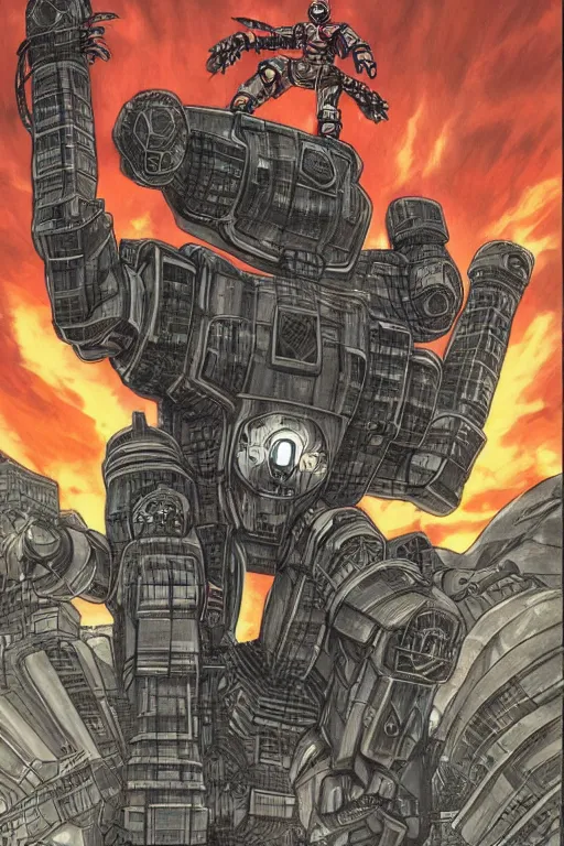 Prompt: a giant robot fighting with a epic boss for outland by junji ito, tyler jacobson