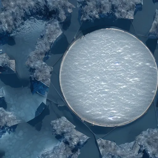 Image similar to a space colony on a icy planet with a frozen lake in the middle