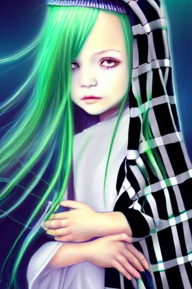 Image similar to mysterious girl child with her long black hair dressed in a chequered robe anime art style, big green diamond on her hand, digital art, hd, 4 k, hyper detailed