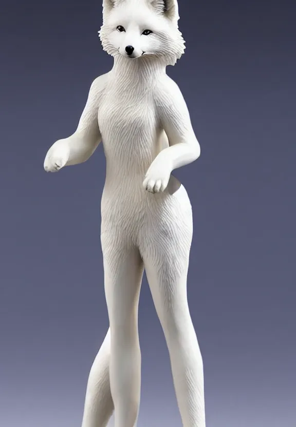 Prompt: still figurine of anthro furry arctic fox wearing an elegant summer blouse and leggings, personification, detailed product photo, dynamic pose, featured on amiami, 8 k, 8 5 mm, f. 1 4, beautiful composition