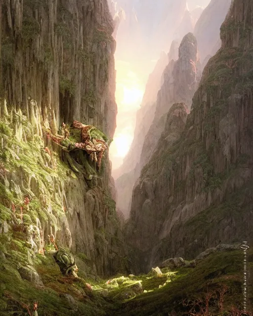 Image similar to a giant troll in the mountains, detailed. Realistic painting by Thomas Cole and Wayne Barlowe, Greg Rutkowski