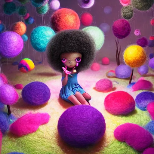 Image similar to a black girl with big beautiful eyes and a colorful afro playing with bubbles in the candy forest, bright colors, synthwave, watercolor, volumetric wool felting, felt, macro photography, children illustration, global illumination, radiant light, detailed and intricate environment, by goro fujita, bokeh!!!!