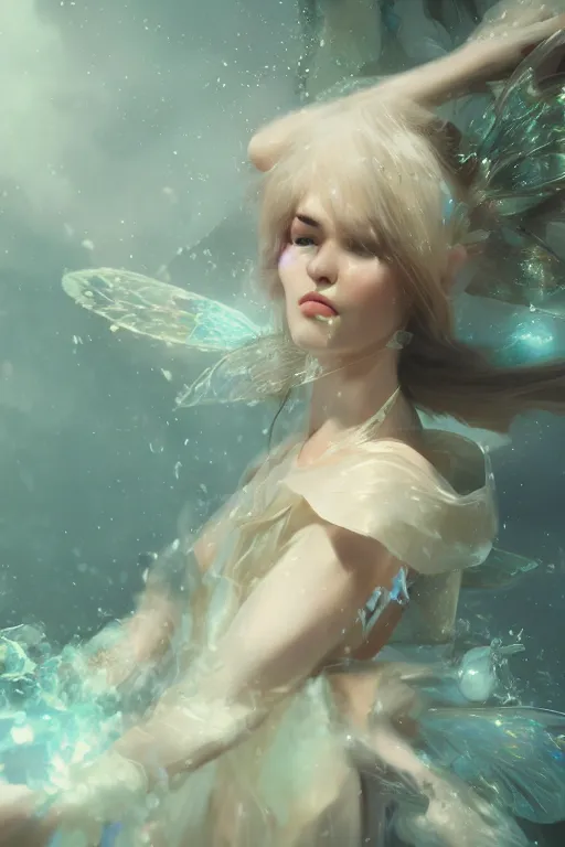 Prompt: face closeup beautiful girl fairy wearing velvet dress floating on water, 3 d render, holding electricity, hyper realistic detailed portrait, ruan jia, wlop, fantasy, hyper detailed, octane render, concept art, peter mohrbacher